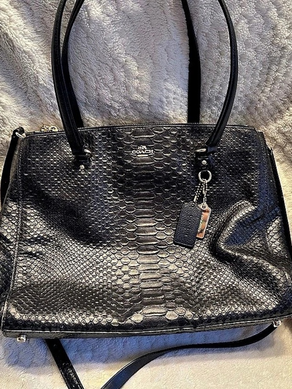Coach Black Stamped Snakeskin Leather Shoulder Bag